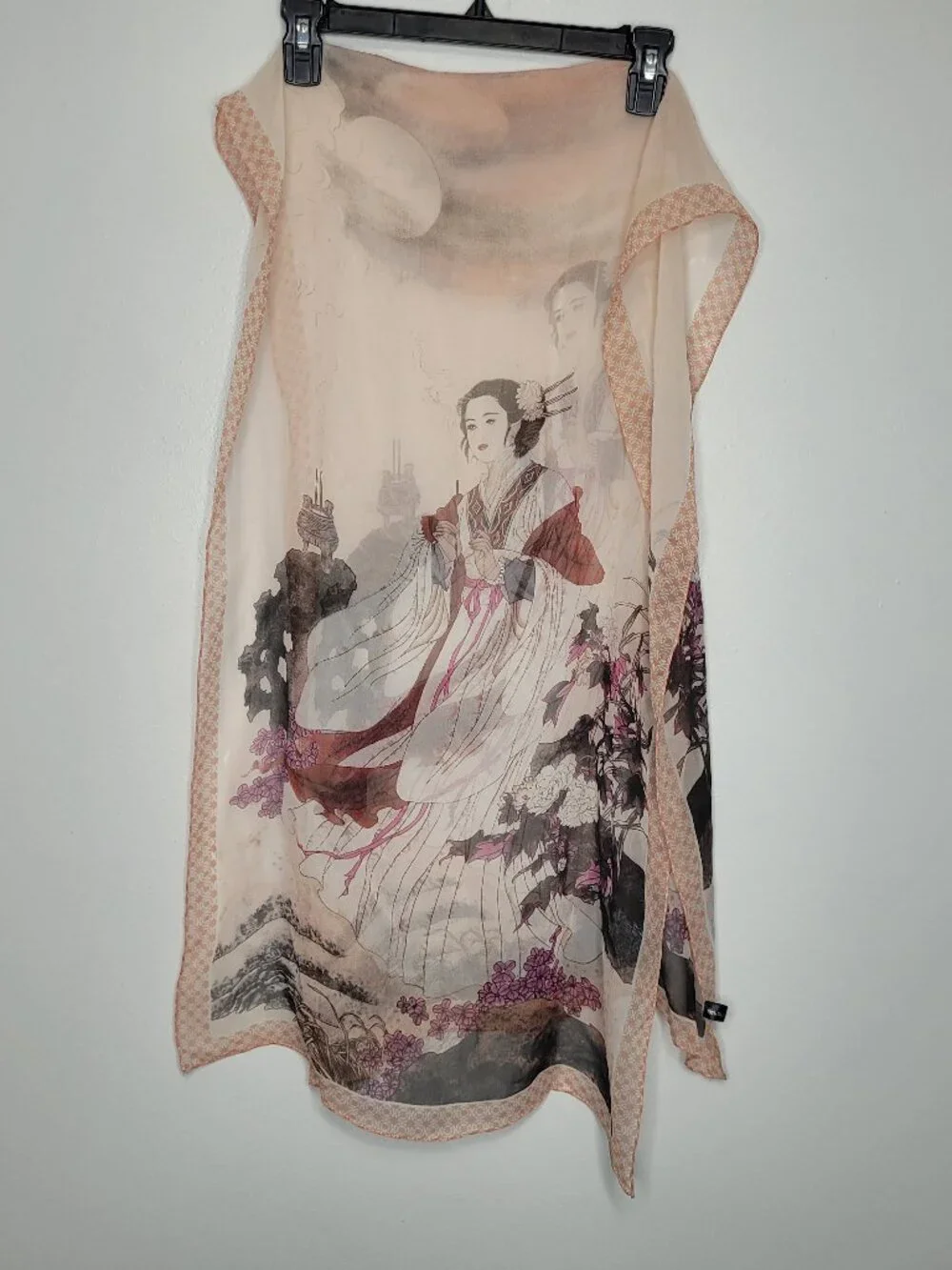 100% silk Asian woman flower print semi sheer scarf art to wear